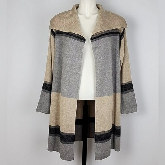 Calvin Klein Colorblock Tan Grey Open Front Long Knit Cardigan Wide Collar Sz S - Picture 12 of 12